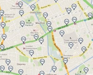 Map of "Boris" bike locations in Tower Hamlets