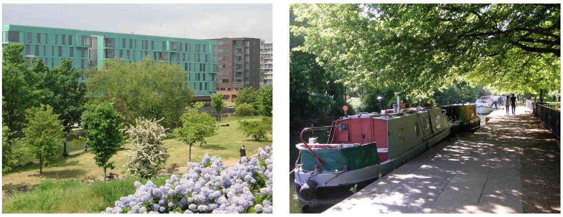 The Regents Canal Towpath and view of Mile End Park from Sunset Hill