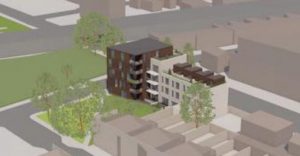 Architect's sky view sketch of proposed block of flats bordering Mile End Park