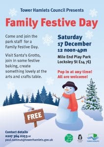 Family Festive Day: Sat 17th December 12-4PM, Mile End Play Park