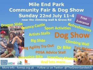 Flyer for Park Life 2018: Mile End Park Community Fair and Dog Show -Sunday 22nd July