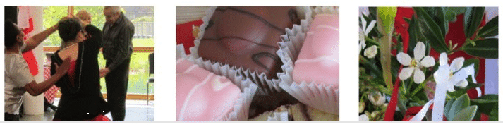 Tryptic of ladies dancing, French fancy cakes St George's Flag