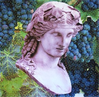 Collage of classical feminine figure with grapes and flowers in the background