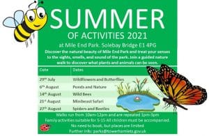 Flyer with times, dates and titles of Summer Walks in Mile End PArk