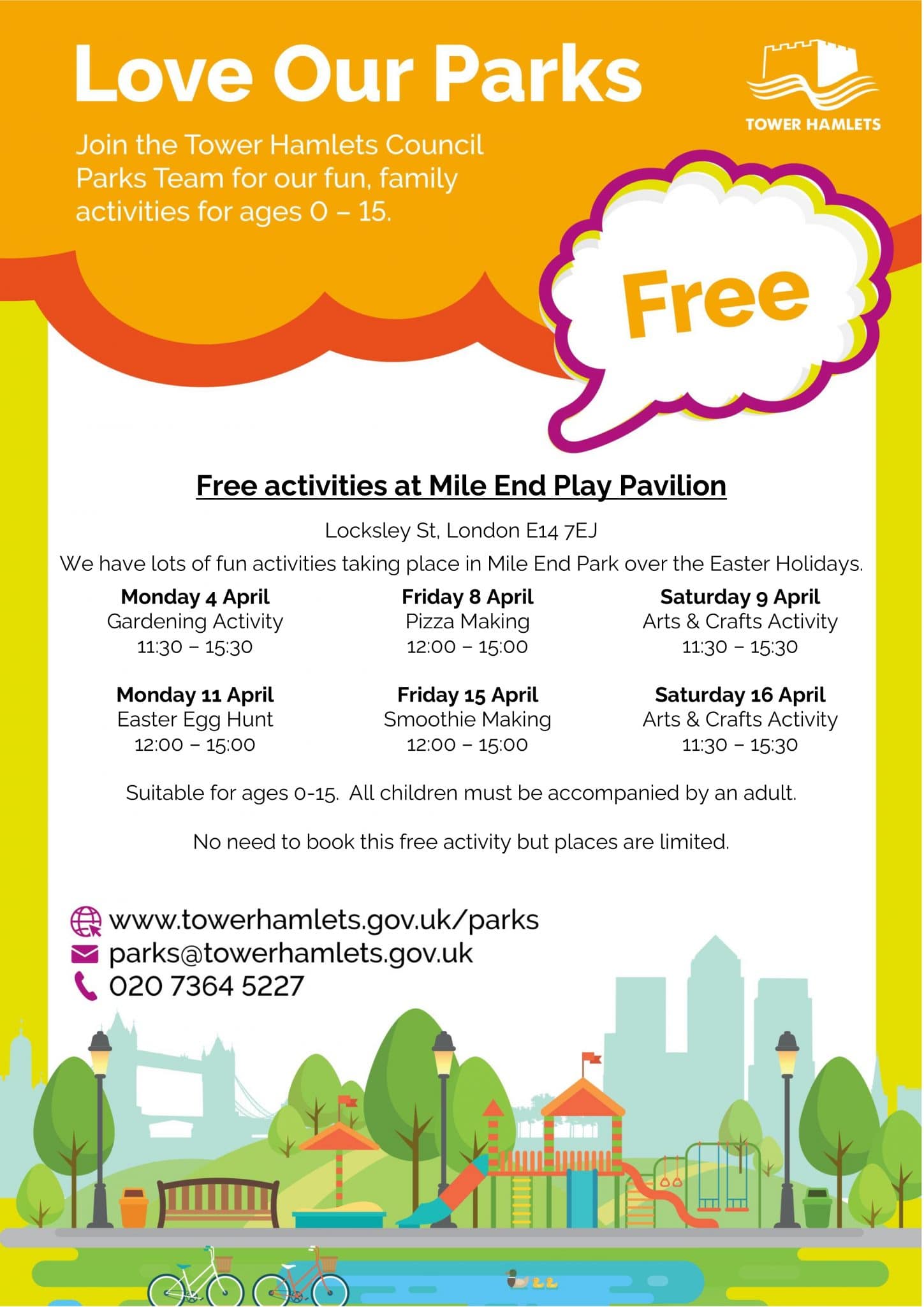 Document describing the range of Childrens activities in the park this Easter 2022
