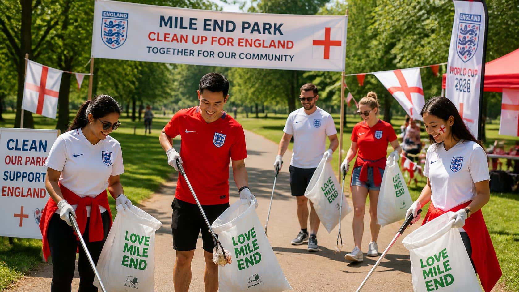 People litter picking in Mile End Park
